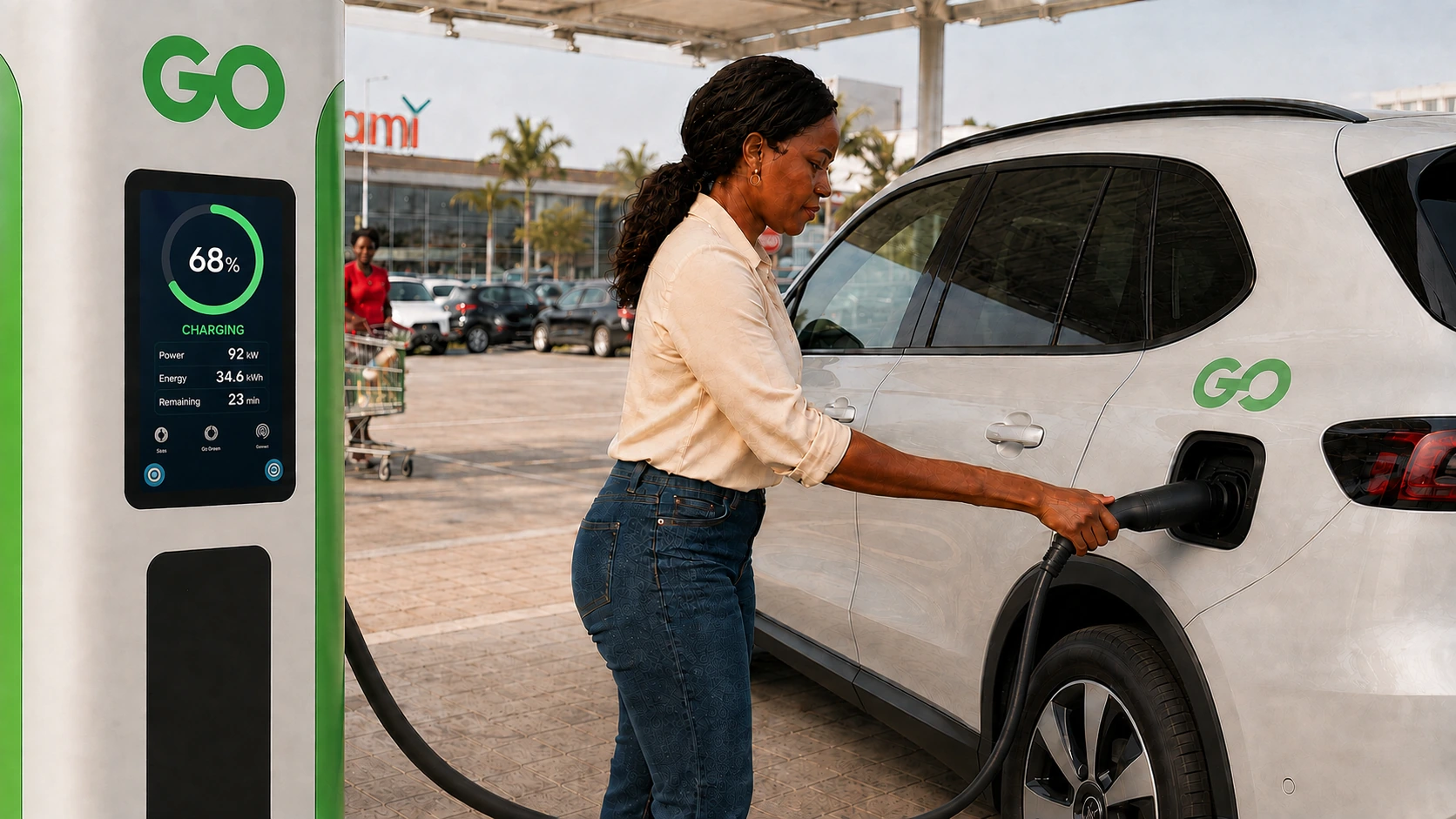 Angolan driver connecting a GO electric vehicle to a charger in a Luanda shopping parking area — concept photography