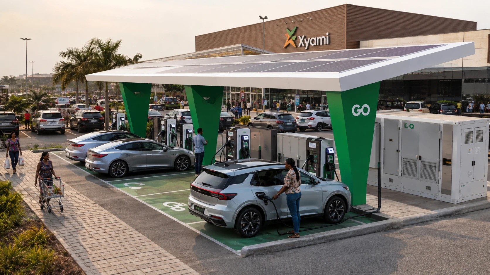 Proposed GO charging hub at a Xyami shopping parking area in Luanda, with people charging electric vehicles and walking between shops